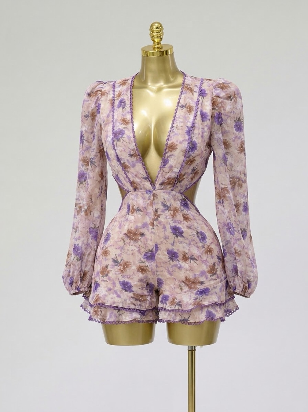 Lavender Floral Cutout Long-Sleeve Romper